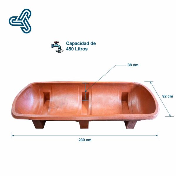 Bebedero-Ganado-450L-San-Juanico-Medidas Bebedero para ganado de 450 litros San Juanico fabricado en polietileno de baja densidad con medidas 230cm de largo, 92cm de ancho y 38cm de profundidad.