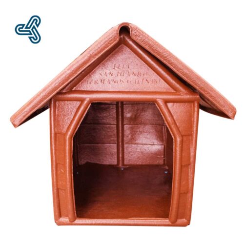Casa de perro de gran tamaño marca San Juanico, fabricada en polietileno de baja densidad, color terracota, medidas 84cm ancho x 94cm fondo.